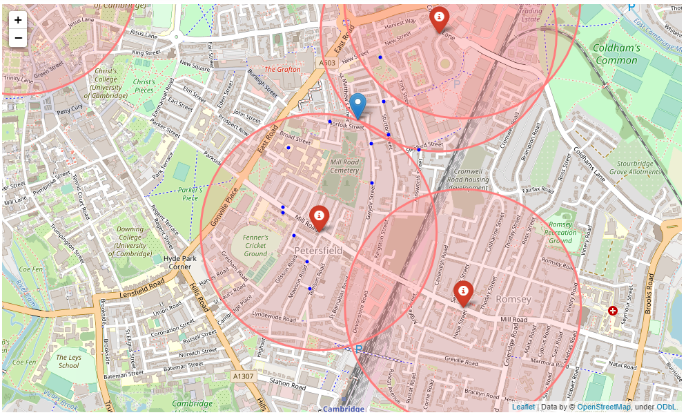 Map of Petersfield - After moving the location point outisde of 500m