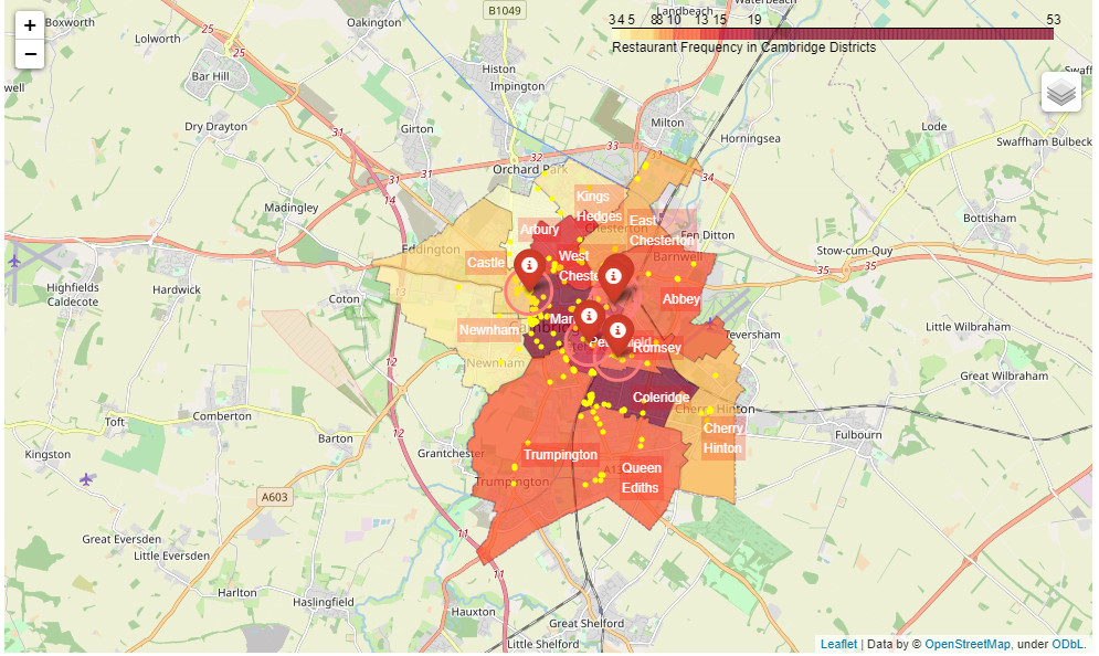 <p>We have added Latin American restaurants to our existing Choropleth Map, using a red information marker and a 500m radius from the restaurant location.</p><p>This will be used later when we determine our final locations, as the addressess that we choose cannot fall within 500m of an existing Latin American restaurant.</p>