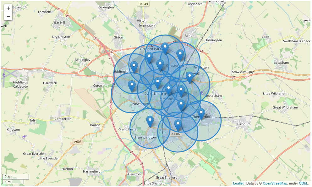 Map of search radius within districts